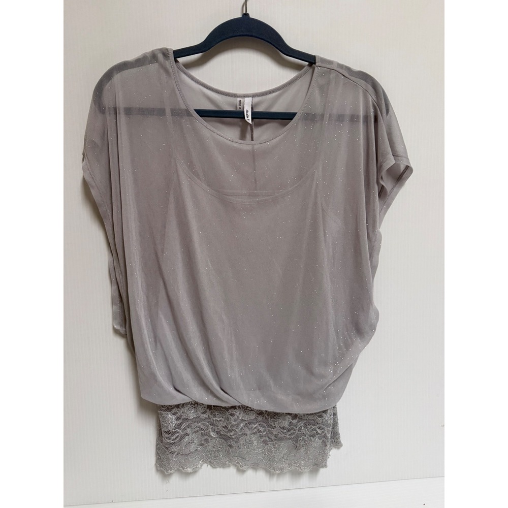 Studio Y Grey Glitter Mesh Lace Hem Blouse Dolman Sleeve Top Small
